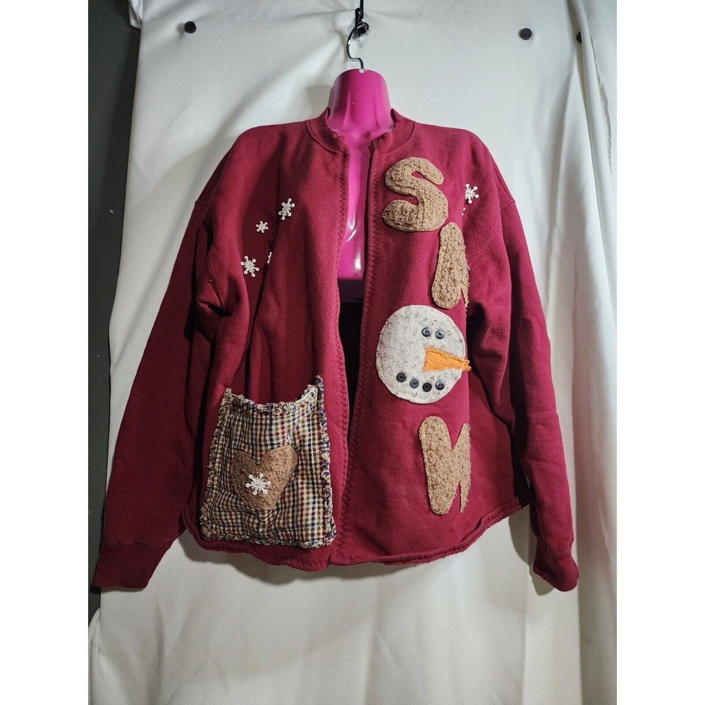 Vintage Hanes Womens L Christmas Sweater Maroon Snowman Primitive 90s (WC102)